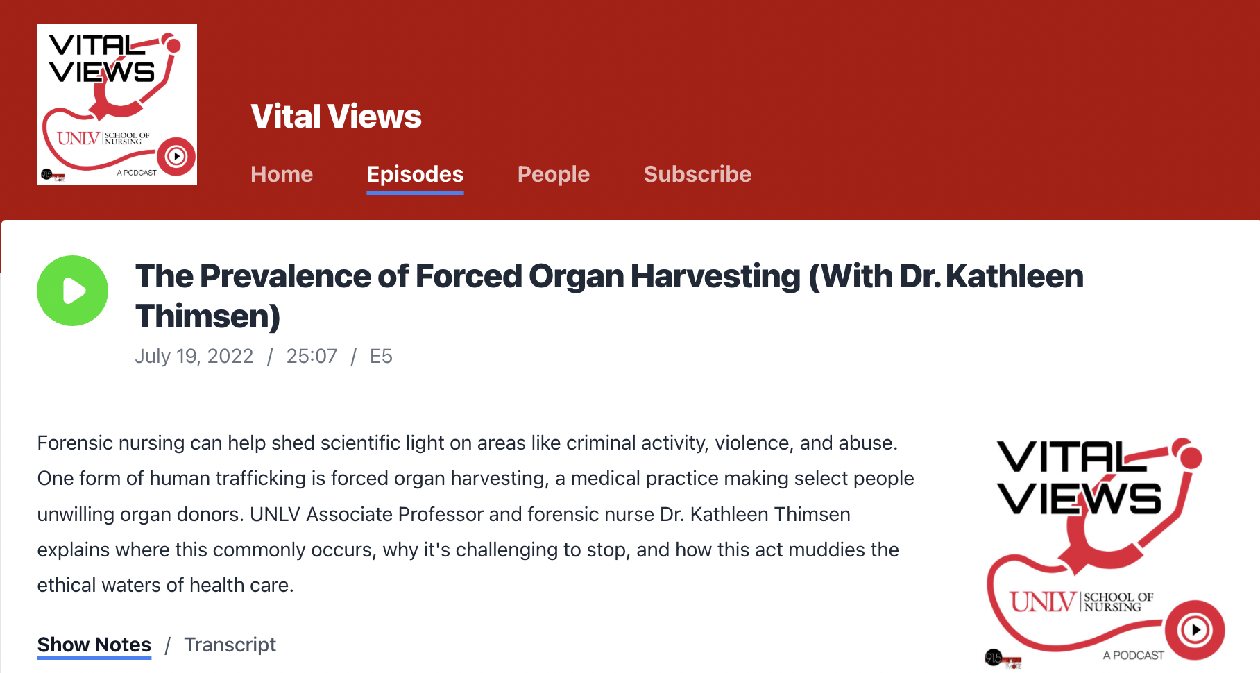 Professeur Kathleen Thimsen, interviewée par Joe Gaccione dans un podcast sur Vital Views de l&rsquo;école d&rsquo;infirmières de l&rsquo;UNLV pour sensibiliser aux crimes des prélèvements forcés d&rsquo;organes