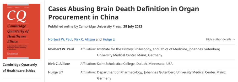 Cambridge Quarterly Of Healthcare Ethics : Des médecins chinois prélèvent des organes sur des patients vivants